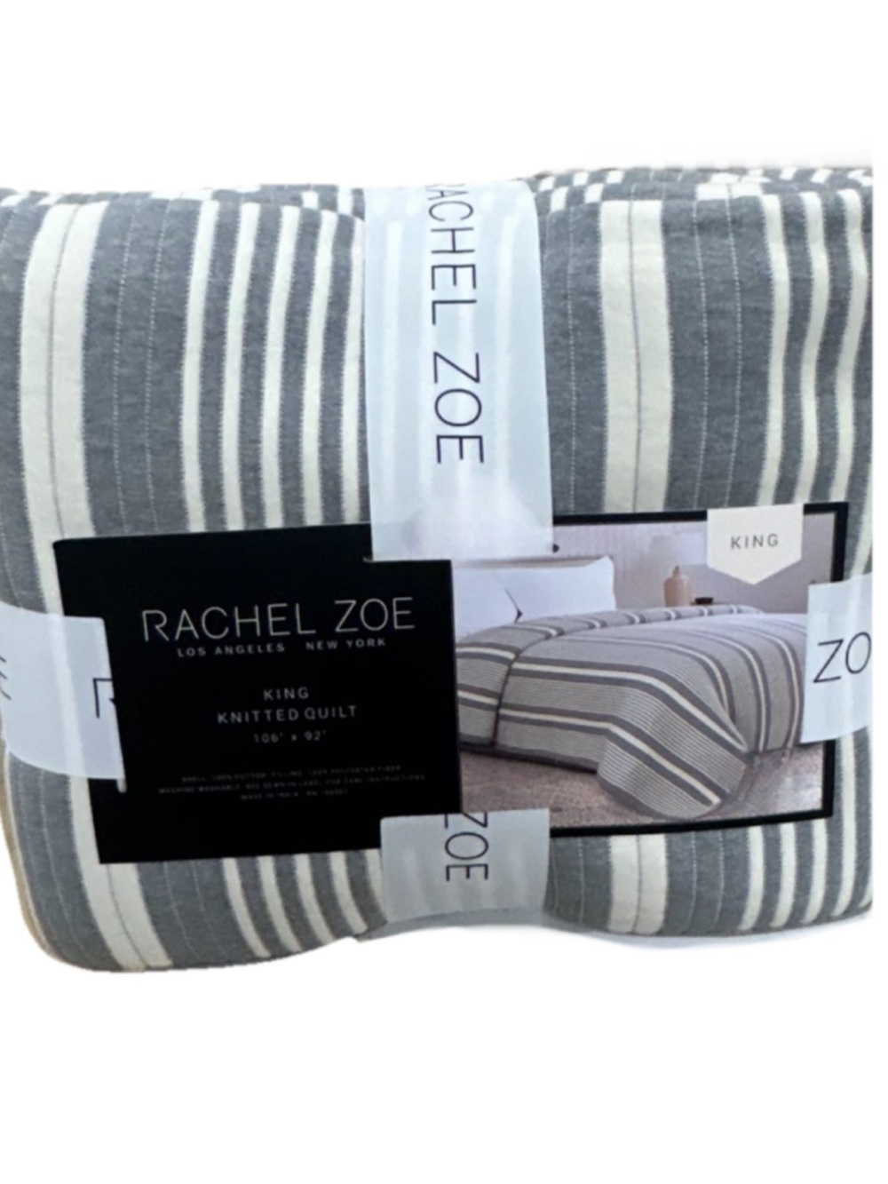 Rachel Zoe Gray and White Striped Cotton Knitted King Quilt 106”x92”